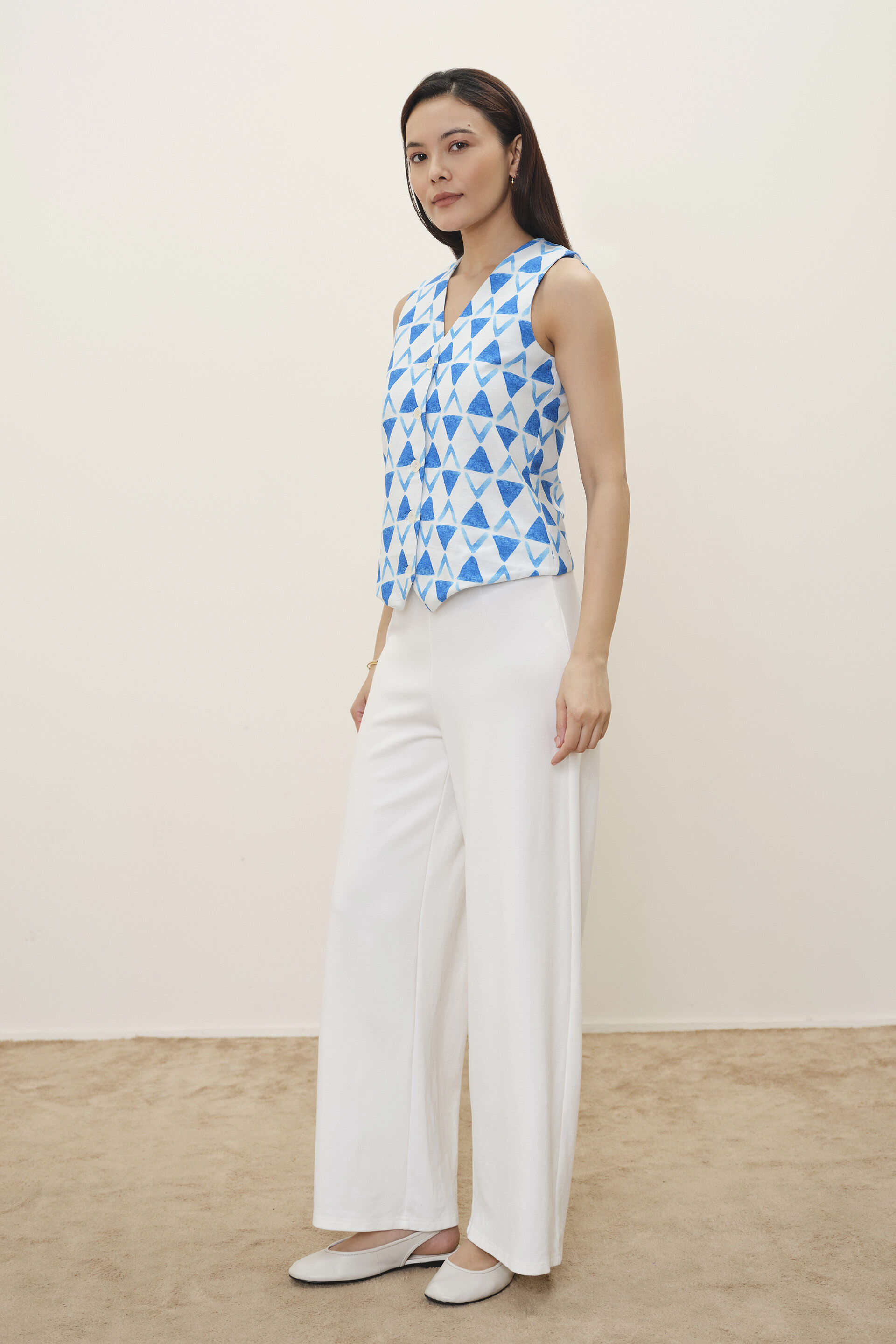 White Geometric Print Waistcoat, Blue, image 4